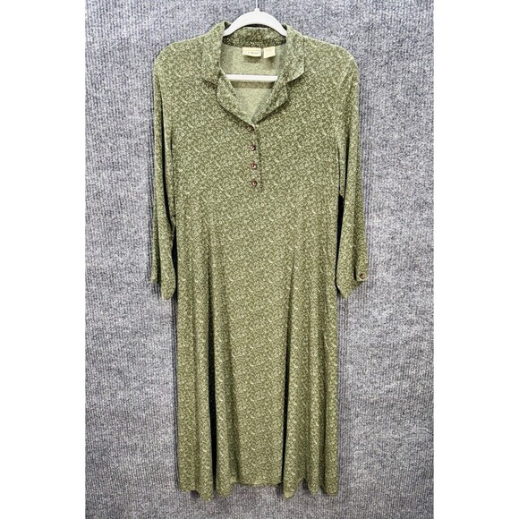 LL Bean Maxi Floral Dress Sz 12P Green Button Detail Collar Long Sleeve Prairie - Picture 1 of 8